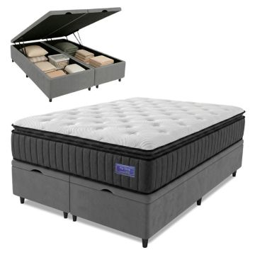 Cama Box Baú Queen Colchão Ortopédico Titã Molas Ensacadas Pillow Top 158x198x75cm Hip Sleep