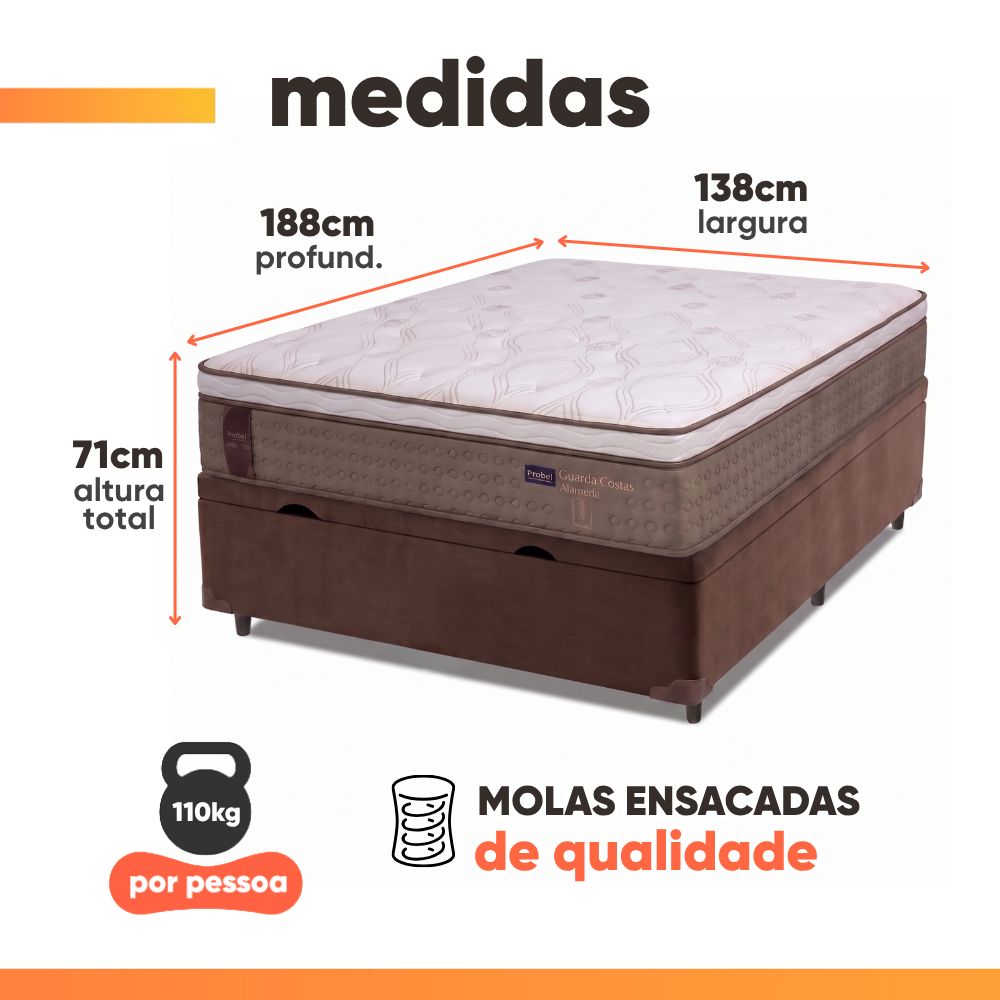 Cama Box Baú Colchão Casal Molas Ensacadas Alameda 138x188x71cm Probel