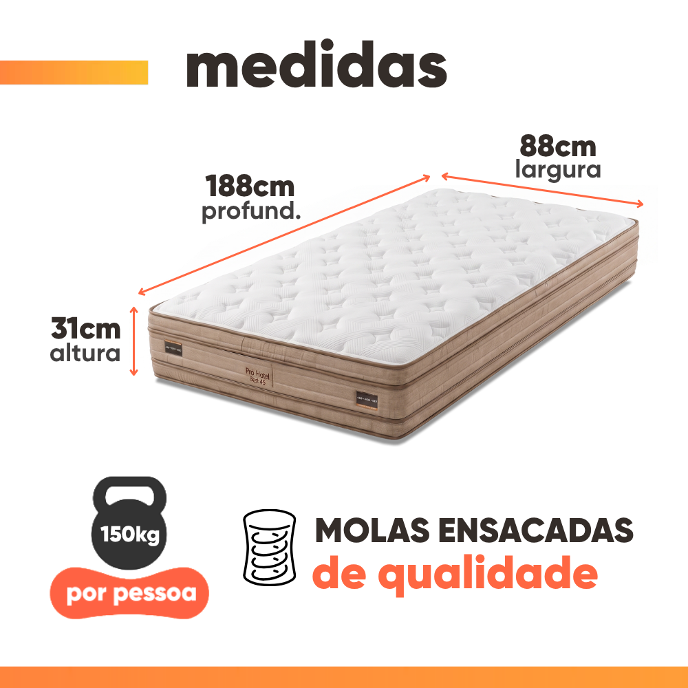 Colchão Solteiro Molas Ensacadas Euro Pillow Double Face Pró Hotel 88x188x31cm Probel Até 150kg
