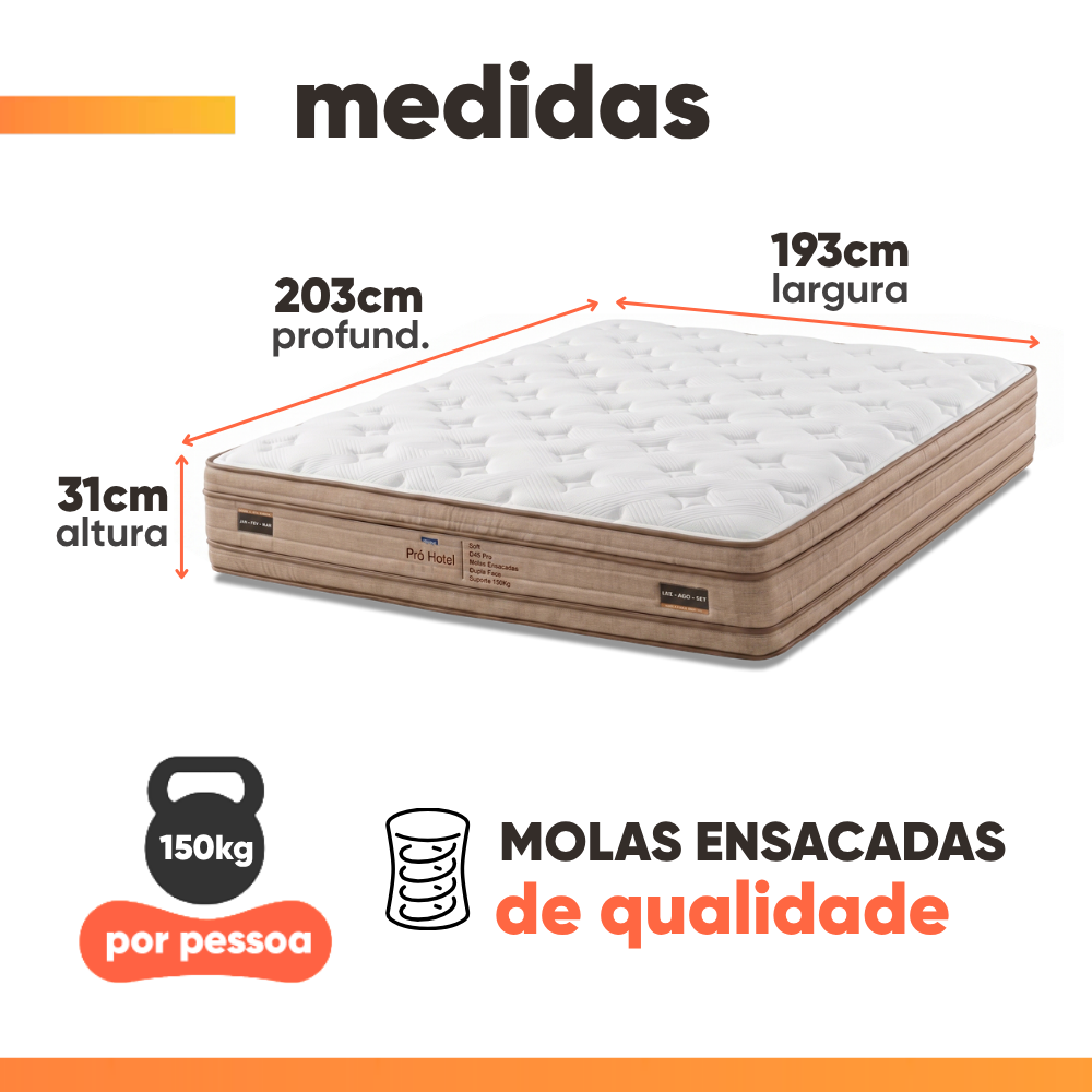 Colchão King Molas Ensacadas Euro Pillow Double Face Pró Hotel 193x203x31cm Probel Até 150kg