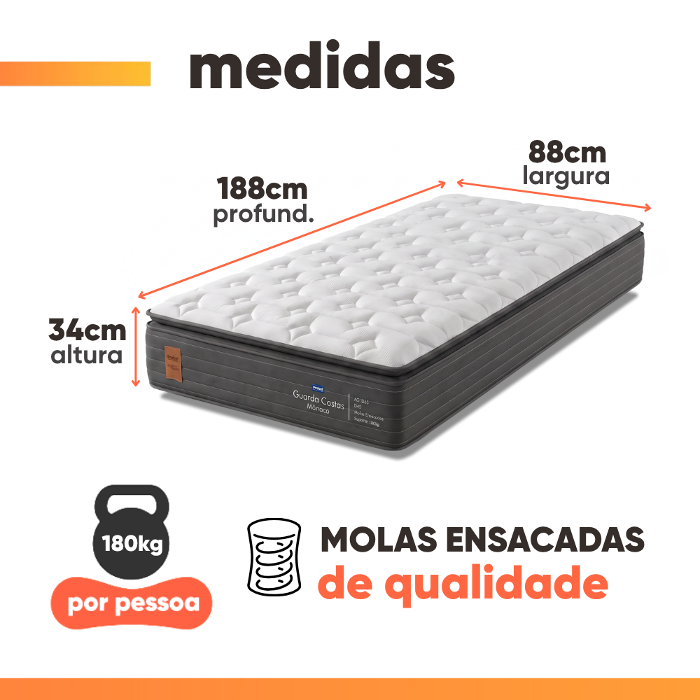Colchão Solteiro Molas Ensacadas Pillow Super Monaco 88x188x34cm Probel - Suporta até 180kg