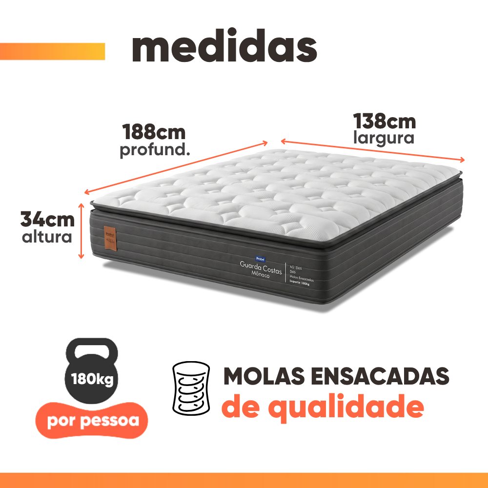Colchão Casal Molas Ensacadas Pillow Super Monaco 138x188x34cm Probel - Suporta até 180kg por pessoa