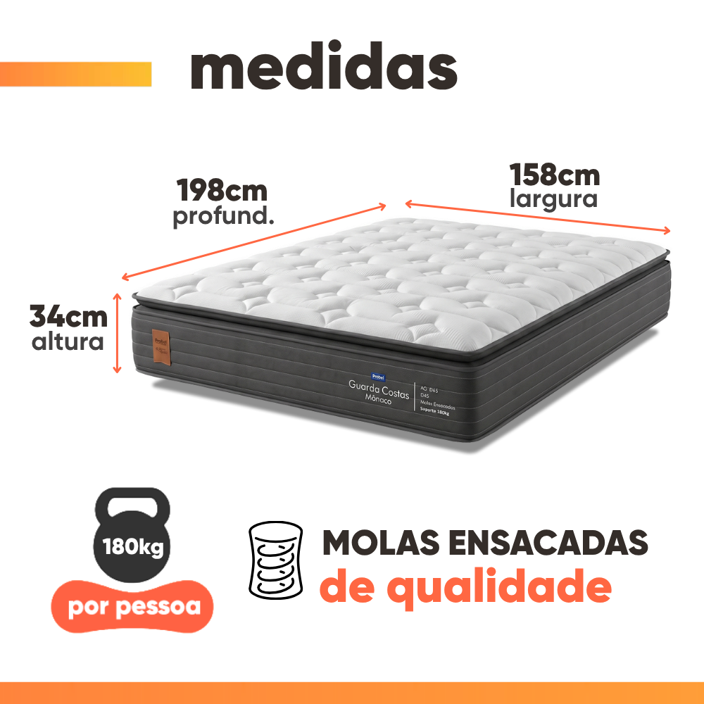 Colchão Queen Molas Ensacadas Pillow Super Monaco 158x198x34cm Probel - Suporta até 180kg por pessoa